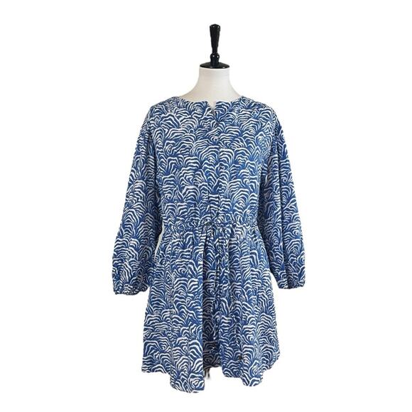 H&M New Dress Long Sleeve Split Neck Tie Waist Blue White Women’s Size Large - Picture 1 of 11